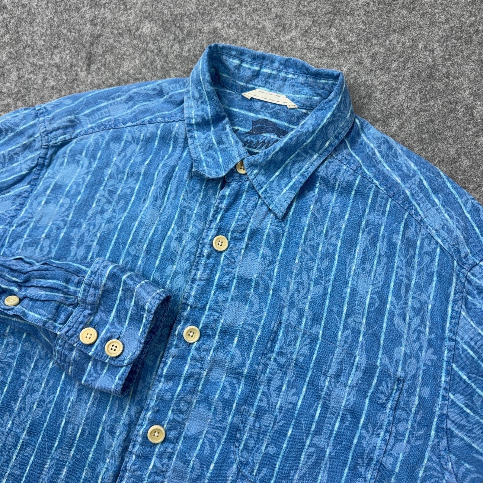 Tommy Bahama Shirt Mens Small Blue Linen Long Sleeve Button Up Crab Lobster